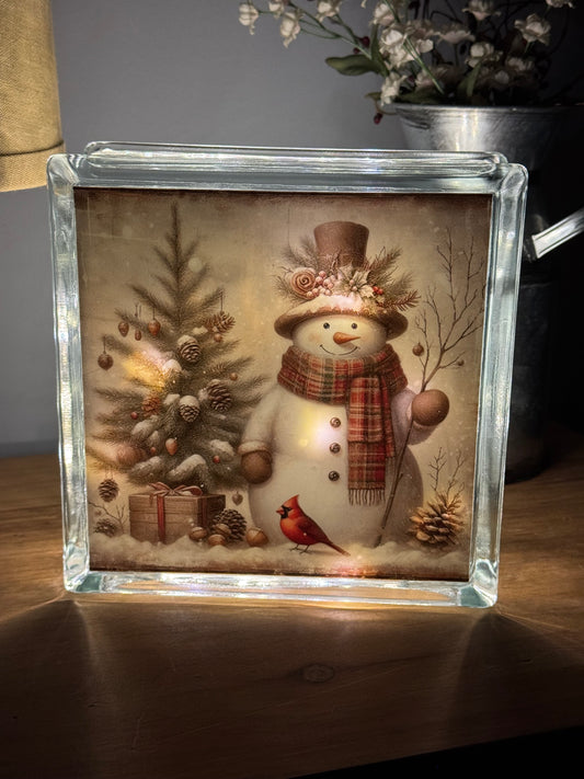 Rustic Snowman and Christmas Tree Glass Block with Lights