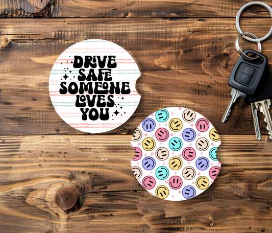 Drive Safe. Someone Loves You Ceramic Car Coasters (Set of 2)