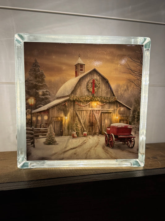 Rustic Barn - Glass Block with Lights