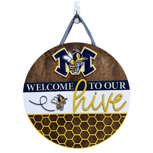 Welcome to our hive - Wooden door sign.